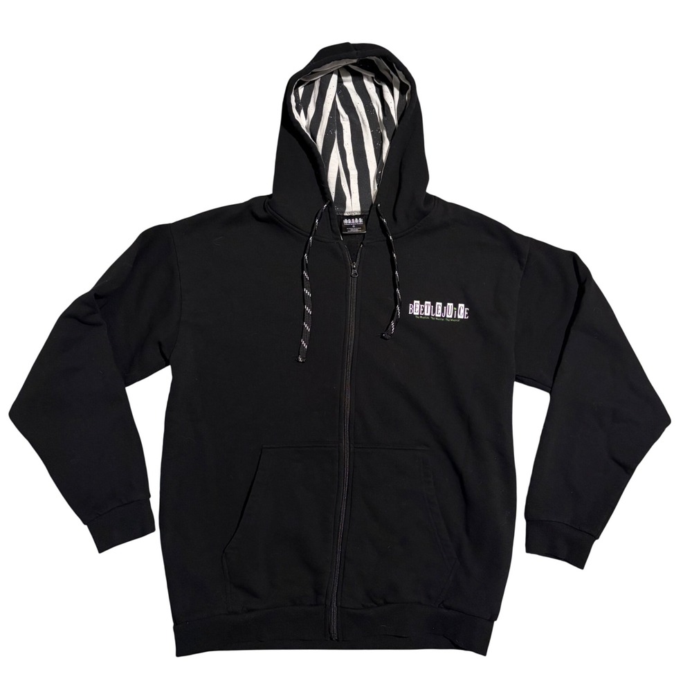 Beetlejuice The Musical Mens XL Zip Up Hoodie Black Its Showtime Striped Hood
